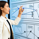 A professional visual designer, a woman in her mid-30s, fully clothed in a modest business suit, stands confidently next to a large transparent display showing complex user experience flows and strategic problem-solving diagrams. She is actively gesturing and explaining design iterations, demonstrating her critical thinking and adaptability. The setting is a bright, modern design studio with collaborative workspaces and ample natural light. Her expression is focused and engaging, portraying a deep understanding of her craft. Safe for work, appropriate content, fully clothed, professional dress, perfect anatomy, correct proportions, natural pose, well-formed hands, proper finger count, natural body proportions, professional photography, high quality, studio lighting.