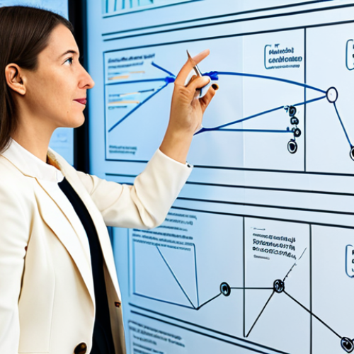 Home 18 A professional visual designer, a woman in her mid-30s, fully clothed in a modest business suit, stands confidently next to a large transparent display showing complex user experience flows and strategic problem-solving diagrams. She is actively gesturing and explaining design iterations, demonstrating her critical thinking and adaptability. The setting is a bright, modern design studio with collaborative workspaces and ample natural light. Her expression is focused and engaging, portraying a deep understanding of her craft. Safe for work, appropriate content, fully clothed, professional dress, perfect anatomy, correct proportions, natural pose, well-formed hands, proper finger count, natural body proportions, professional photography, high quality, studio lighting.