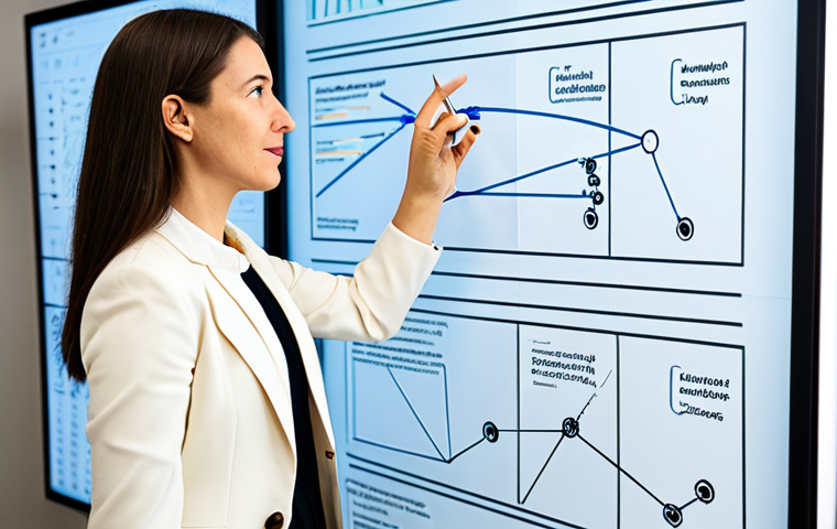 A professional visual designer, a woman in her mid-30s, fully clothed in a modest business suit, stands confidently next to a large transparent display showing complex user experience flows and strategic problem-solving diagrams. She is actively gesturing and explaining design iterations, demonstrating her critical thinking and adaptability. The setting is a bright, modern design studio with collaborative workspaces and ample natural light. Her expression is focused and engaging, portraying a deep understanding of her craft. Safe for work, appropriate content, fully clothed, professional dress, perfect anatomy, correct proportions, natural pose, well-formed hands, proper finger count, natural body proportions, professional photography, high quality, studio lighting.
