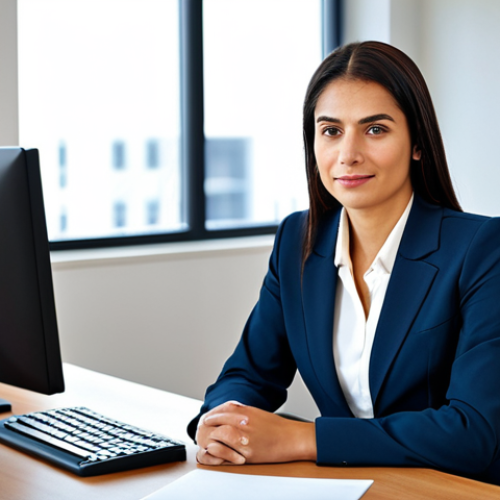 Home 8 **
"A professional businesswoman in a modest business suit, sitting at a desk in a modern office. Fully clothed, appropriate attire, safe for work, perfect anatomy, natural proportions, professional photography, high quality."
**