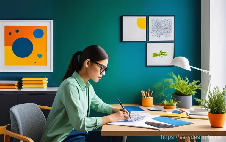 시각디자인 자격증 시험 과목 - **Prompt:** A visually striking digital illustration depicting a young, energetic graphic designer, ...