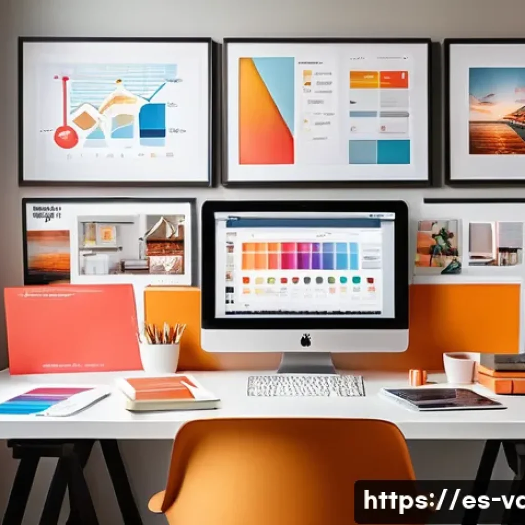시각디자인과 소셜 미디어 디자인 - A vibrant social media workspace scene showing a designer&rsquo;s desk filled with colorful palettes, mode...
