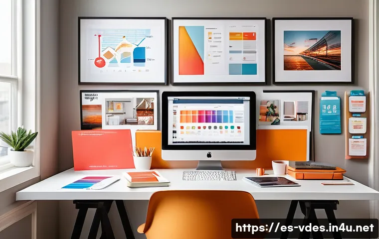 시각디자인과 소셜 미디어 디자인 - A vibrant social media workspace scene showing a designer&rsquo;s desk filled with colorful palettes, mode...