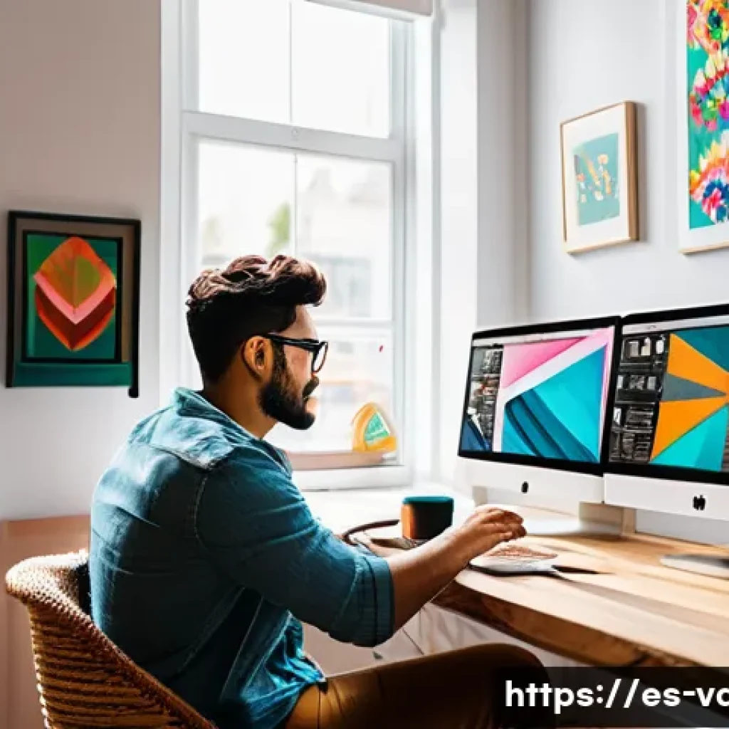 시각디자인으로 수익 창출 방법 - A modern freelance graphic designer working from a cozy home office in a vibrant Latin American city...