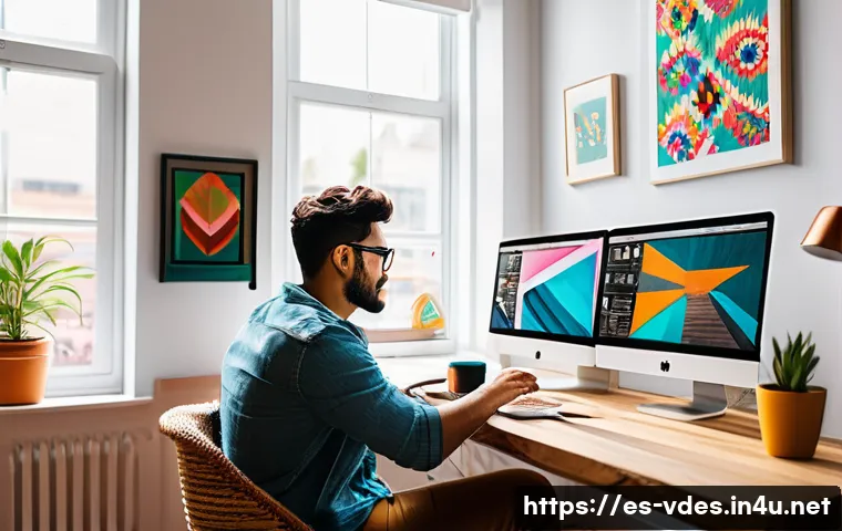 시각디자인으로 수익 창출 방법 - A modern freelance graphic designer working from a cozy home office in a vibrant Latin American city...