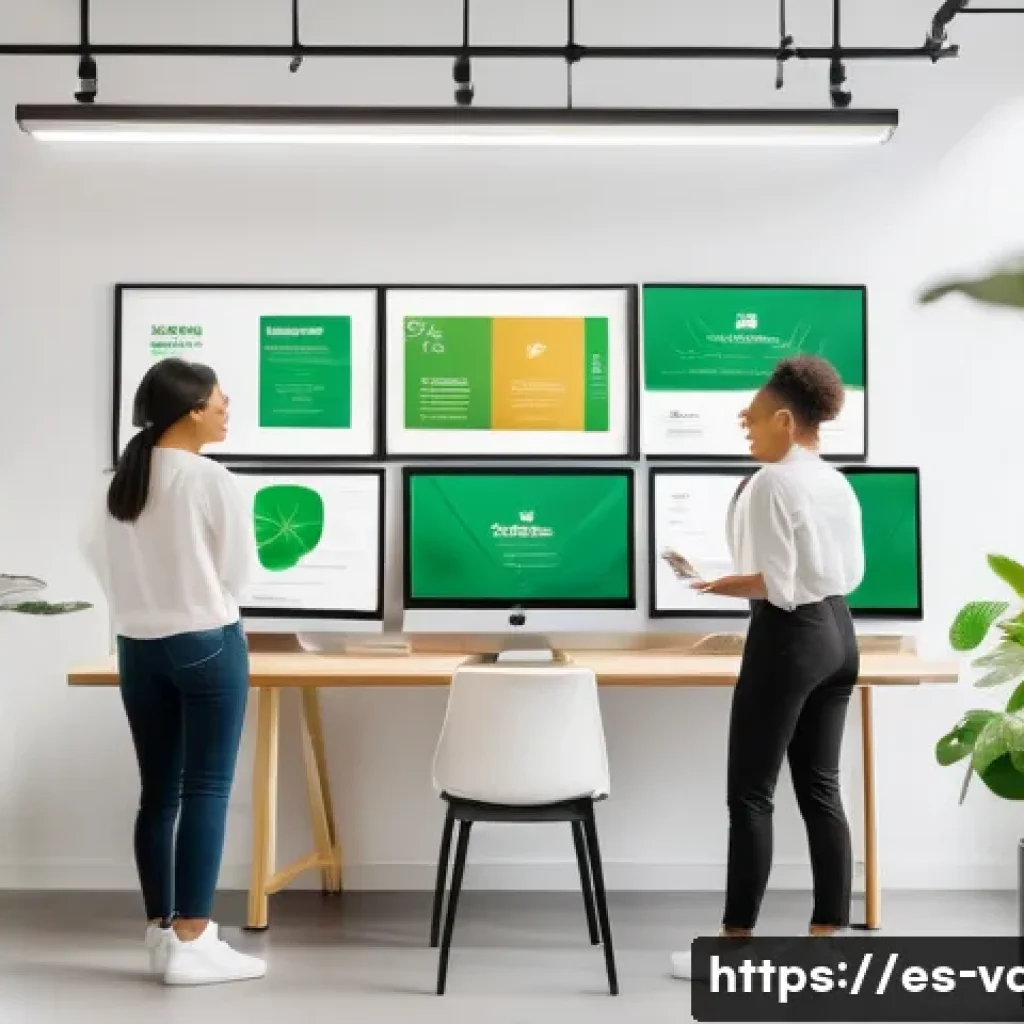 시각디자인과 브랜딩 전략 - A modern branding studio workspace with a diverse team of young professionals collaborating on brand...