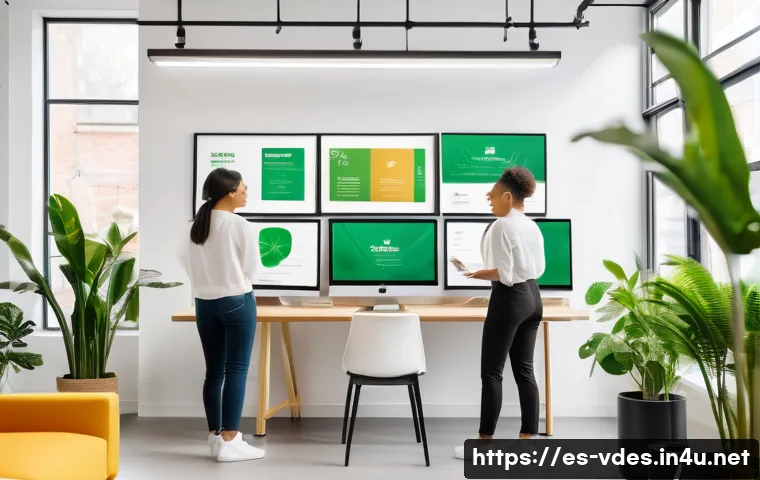 시각디자인과 브랜딩 전략 - A modern branding studio workspace with a diverse team of young professionals collaborating on brand...