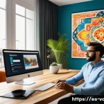 시각디자인 해외 취업 케이스 스터디 - A professional visual designer working remotely from a modern home office in Spain, wearing smart ca...