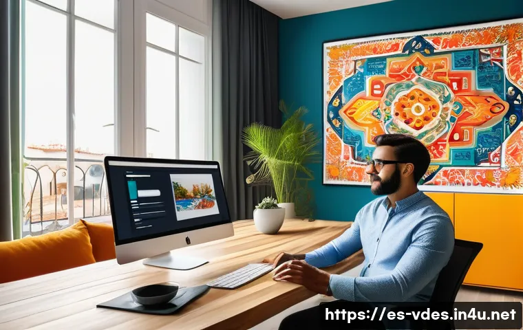 시각디자인 해외 취업 케이스 스터디 - A professional visual designer working remotely from a modern home office in Spain, wearing smart ca...
