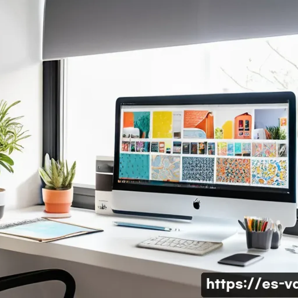 시각디자인의 다양한 직무 설명 - A modern graphic designer’s workspace in a bright, minimalist home office in Spain, featuring dual m...