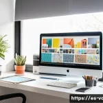 시각디자인의 다양한 직무 설명 - A modern graphic designer&rsquo;s workspace in a bright, minimalist home office in Spain, featuring dual m...