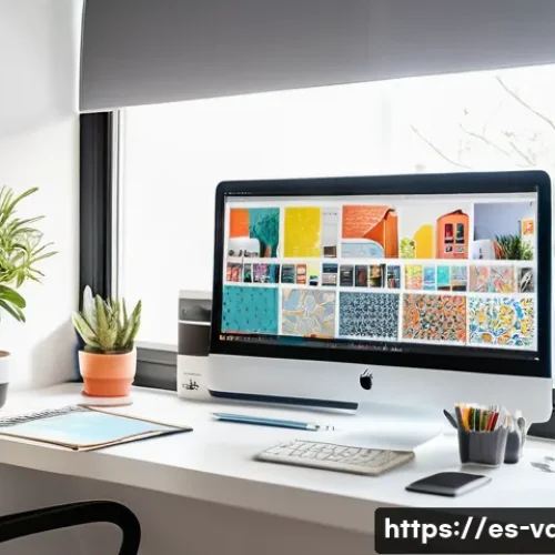 시각디자인의 다양한 직무 설명 - A modern graphic designer&rsquo;s workspace in a bright, minimalist home office in Spain, featuring dual m...