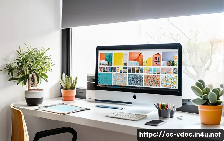 시각디자인의 다양한 직무 설명 - A modern graphic designer&rsquo;s workspace in a bright, minimalist home office in Spain, featuring dual m...