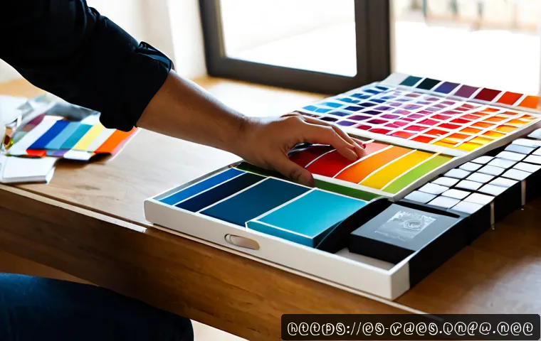 시각디자인 실무에서의 창의성 활용 - Photorealistic creative visual designer at a bright contemporary studio in Barcelona, arranging colo...